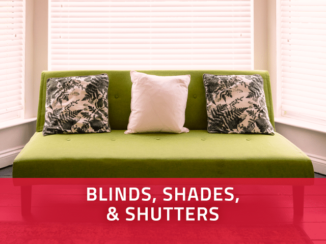 Blinds, shades, and shutters callout featuring a modern-looking space with new shades over the windows.