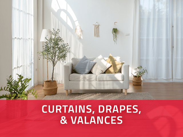 Curtains, valances, and drapes callout featuring a lovely living room with sheer curtains over the windows.