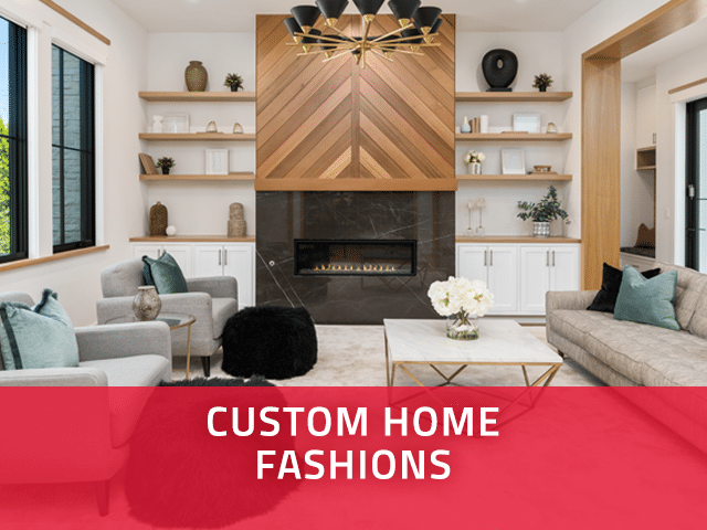Custom home fashions callout featuring a grey couch, and chairs.