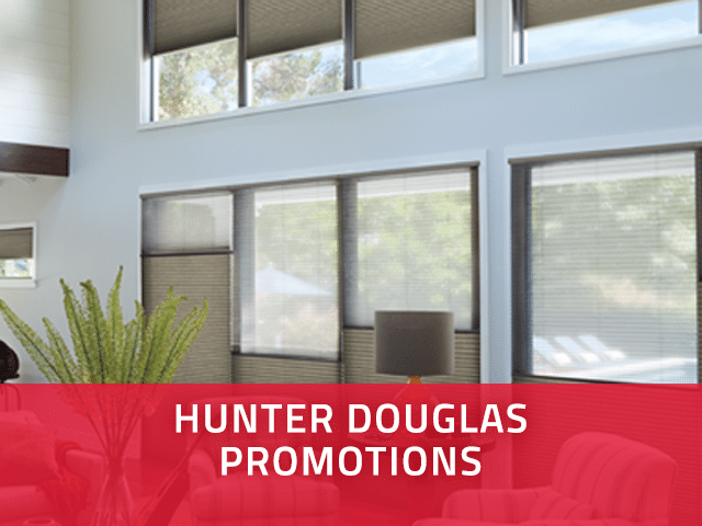 Hunter Douglas Promotions callout featuring large living room window treatments.