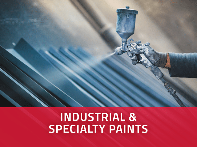 Industrial and specialty paints callout featuring a professional paint sprayer painting gray onto metal parts.