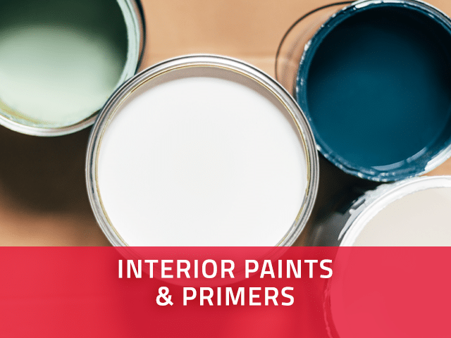 Interior paints and primers callout featuring a cans of lovely blue and green paint in the background.
