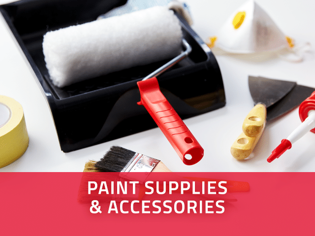 Paint supplies and accessories callout featuring paint brushes, roller, and tape.