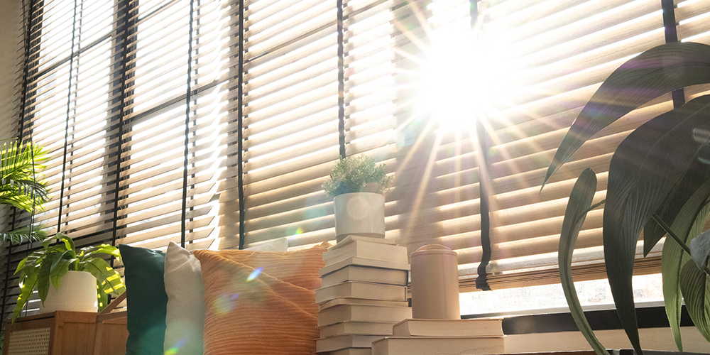 Drawn window blinds in living room block out the sun.
